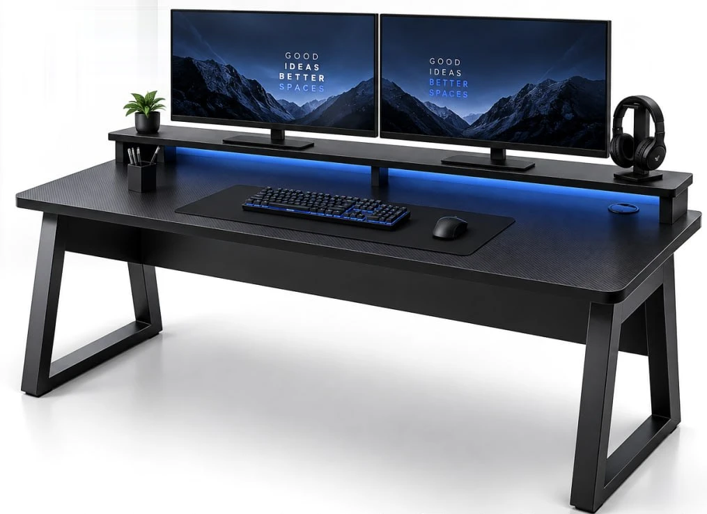 Escritorio Setup Sin Límites con patas de metal y soporte elevado para dos monitores