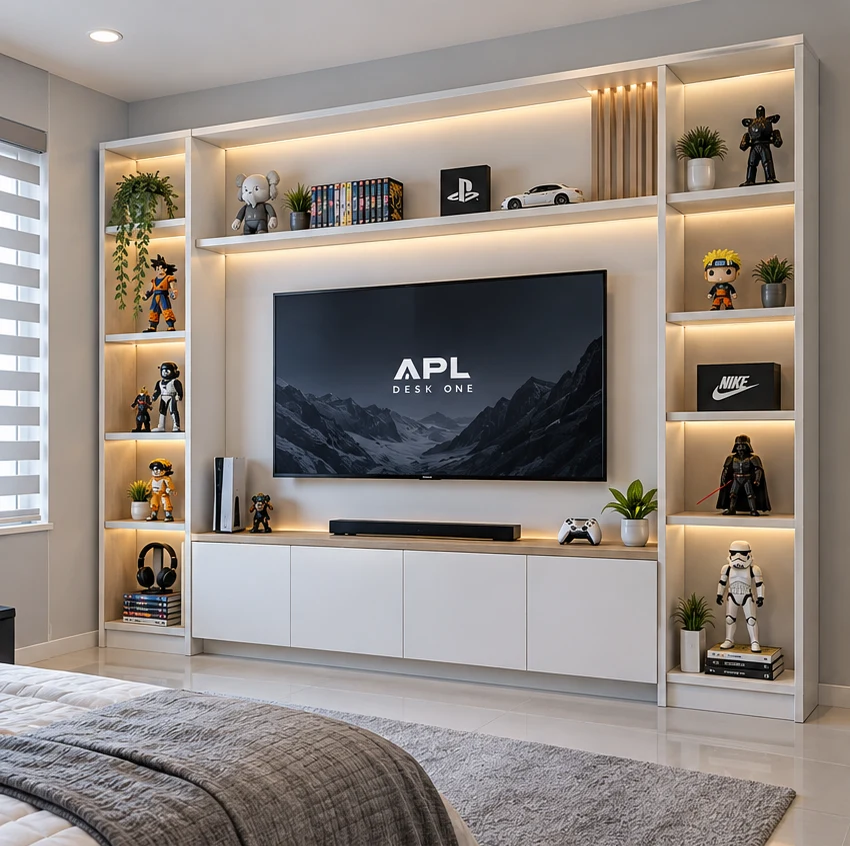 Mueble de pared blanco con televisor, repisas iluminadas, listones de madera y gabinetes bajos en una habitación