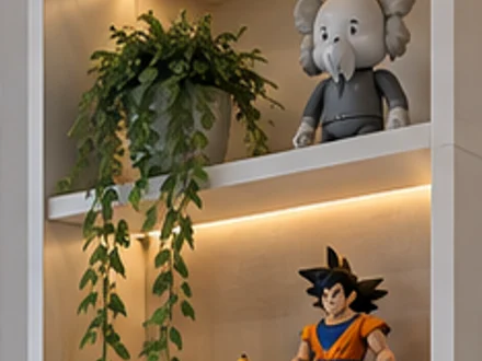 Repisa blanca con planta, figuras y luz LED
